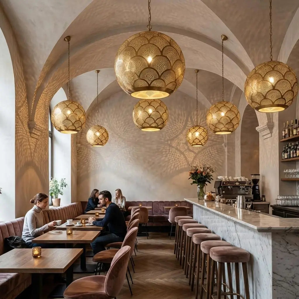 Artisan handmade brass pendant lights hanging from vaulted ceilings in a stylish cafe with patrons