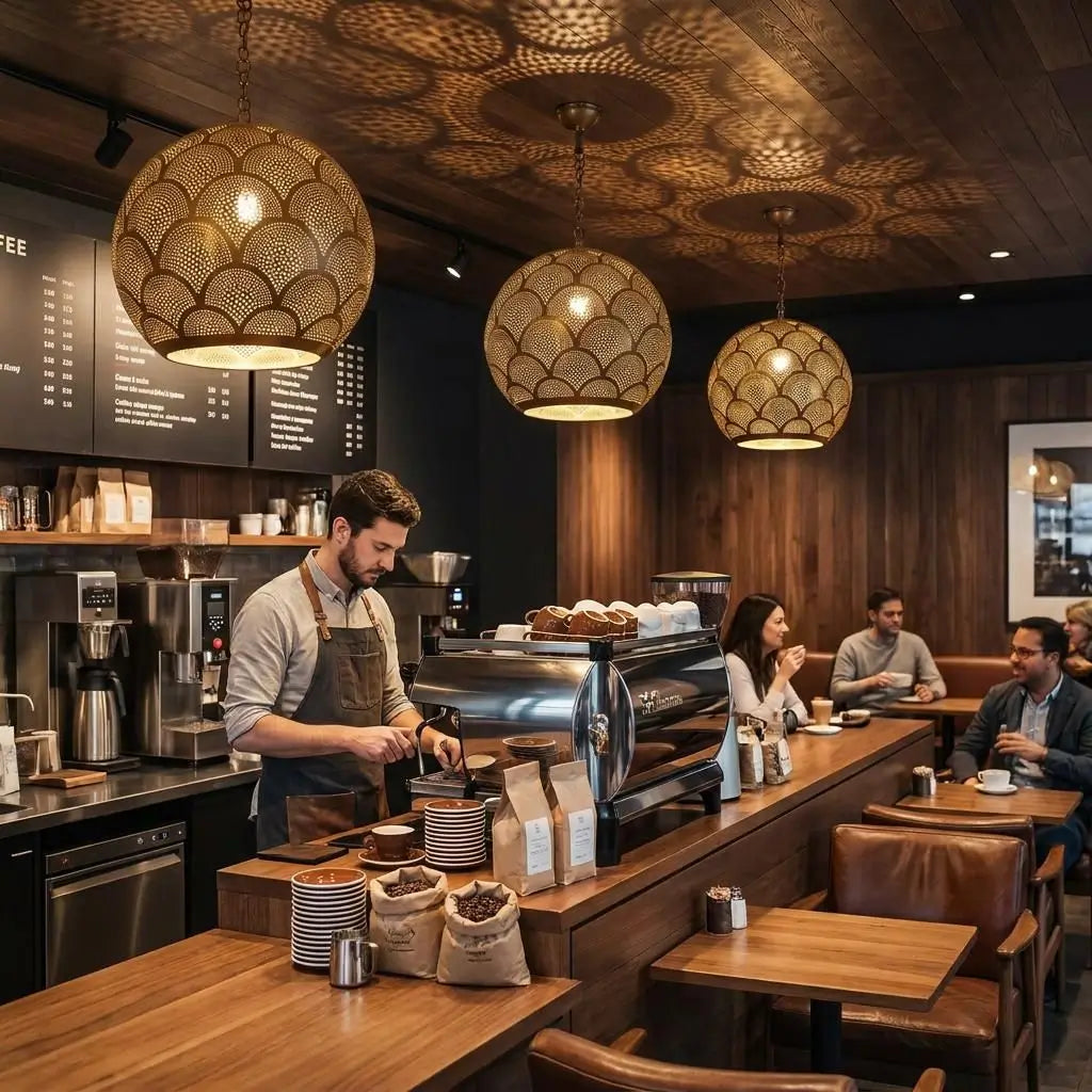 Three artisan handmade brass pendant lights hanging over a modern coffee shop counter