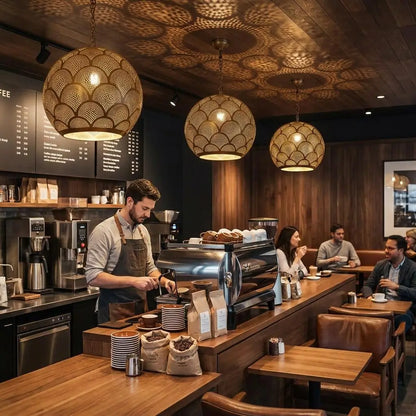 Three artisan handmade brass pendant lights hanging over a modern coffee shop counter