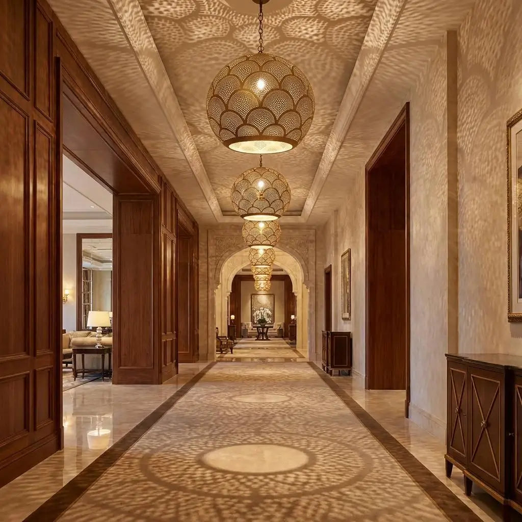Handmade brass pendant lights with intricate perforated patterns hanging in a long luxury hallway