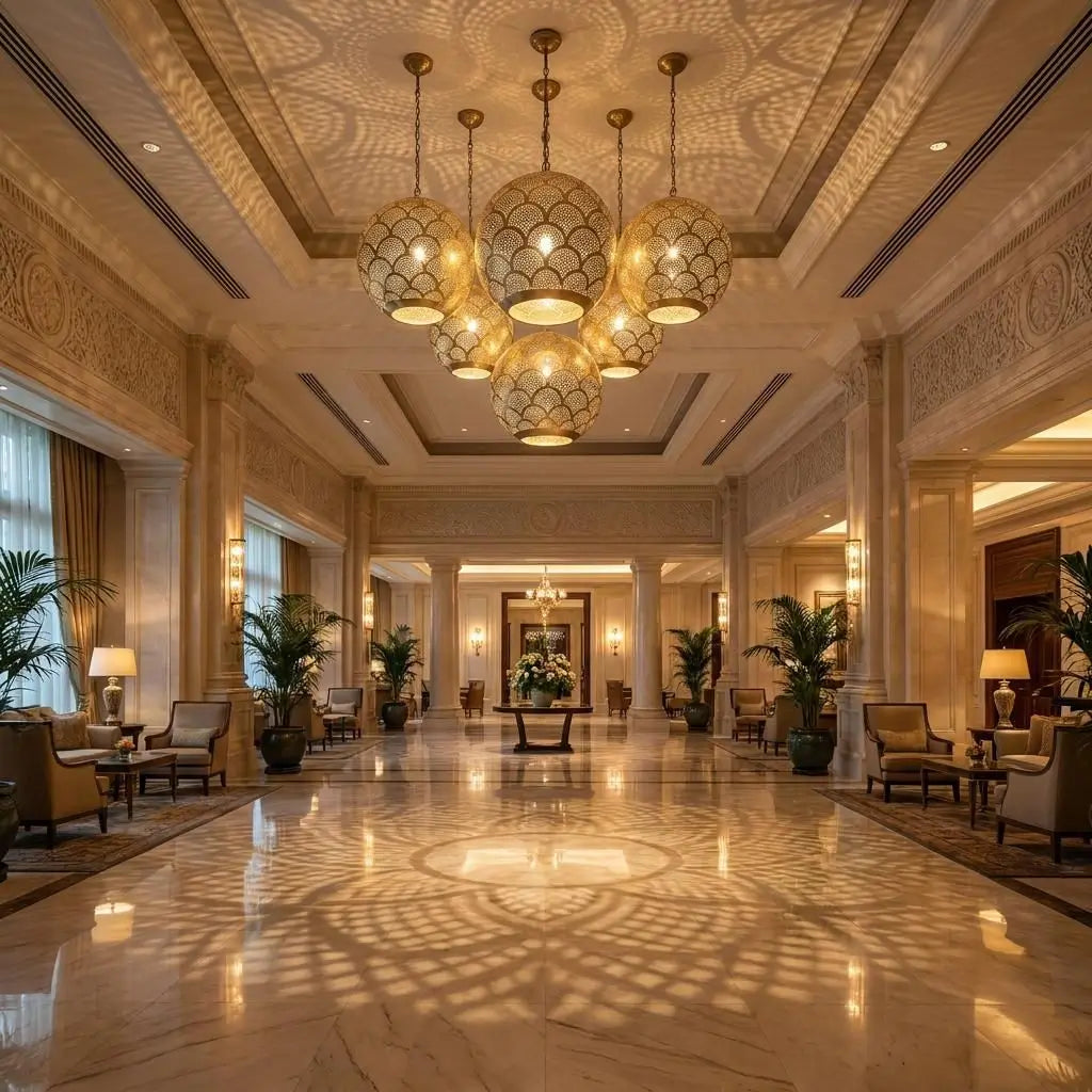 Cluster of handmade brass pendant lights hanging in a grand luxury hotel lobby with patterned shadow projections