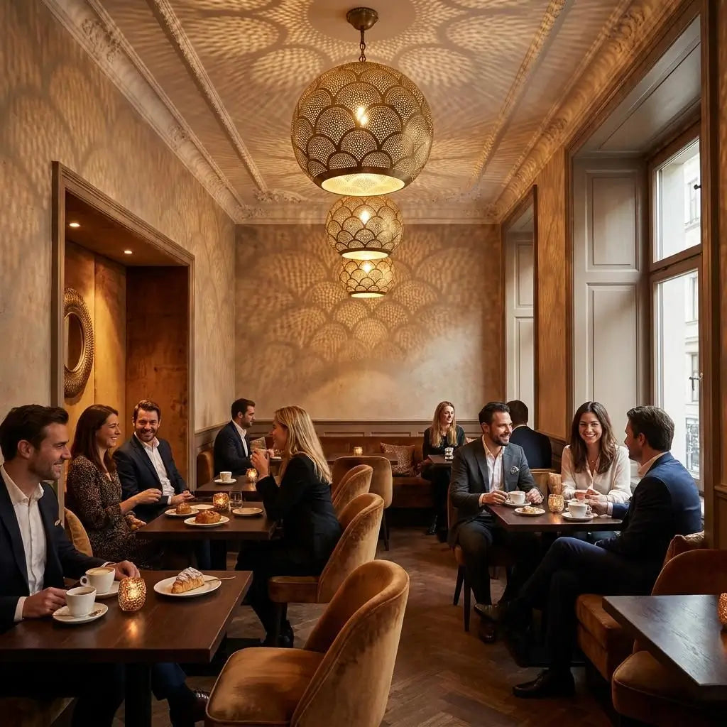 Three handmade brass pendant lights projecting patterned shadows on the ceiling of a luxury hotel lounge with people dining