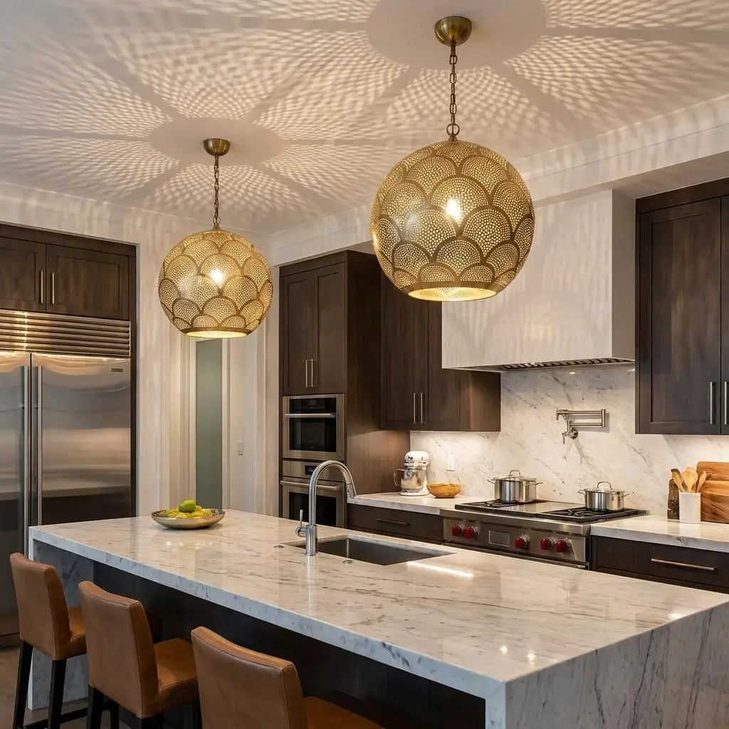 Handmade brass pendant light with intricate perforated patterns hanging over a modern kitchen island