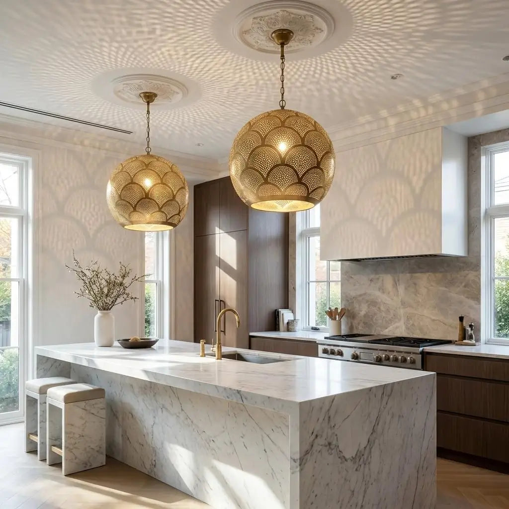 Two artisan handmade brass pendant lights hanging over a luxury marble kitchen island