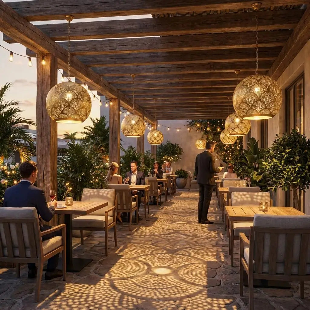 Artisan handmade brass pendant lights hanging from a wooden pergola in a luxury outdoor restaurant patio