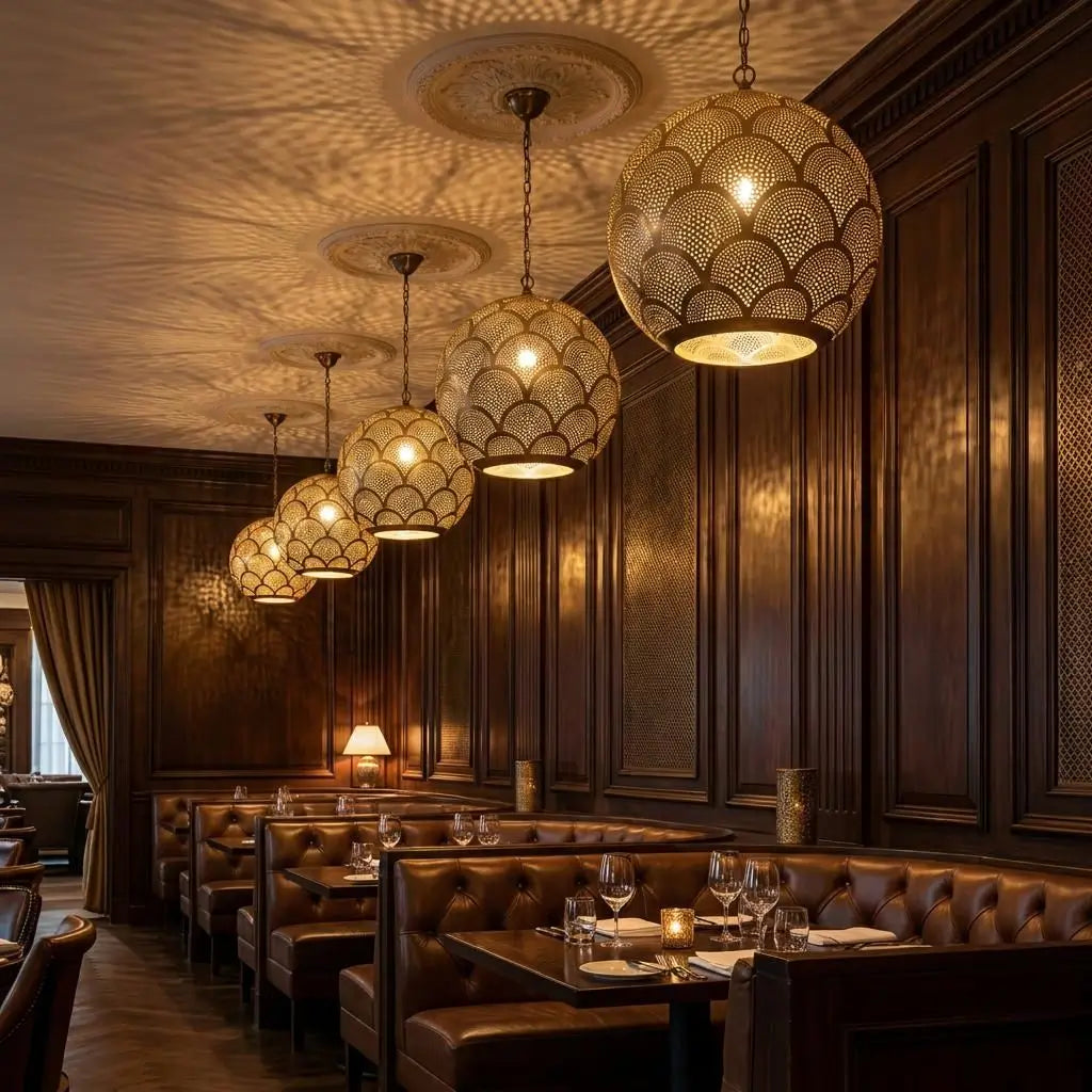 Artisan handmade brass pendant lights with Moroccan scale patterns illuminating a luxury restaurant dining area