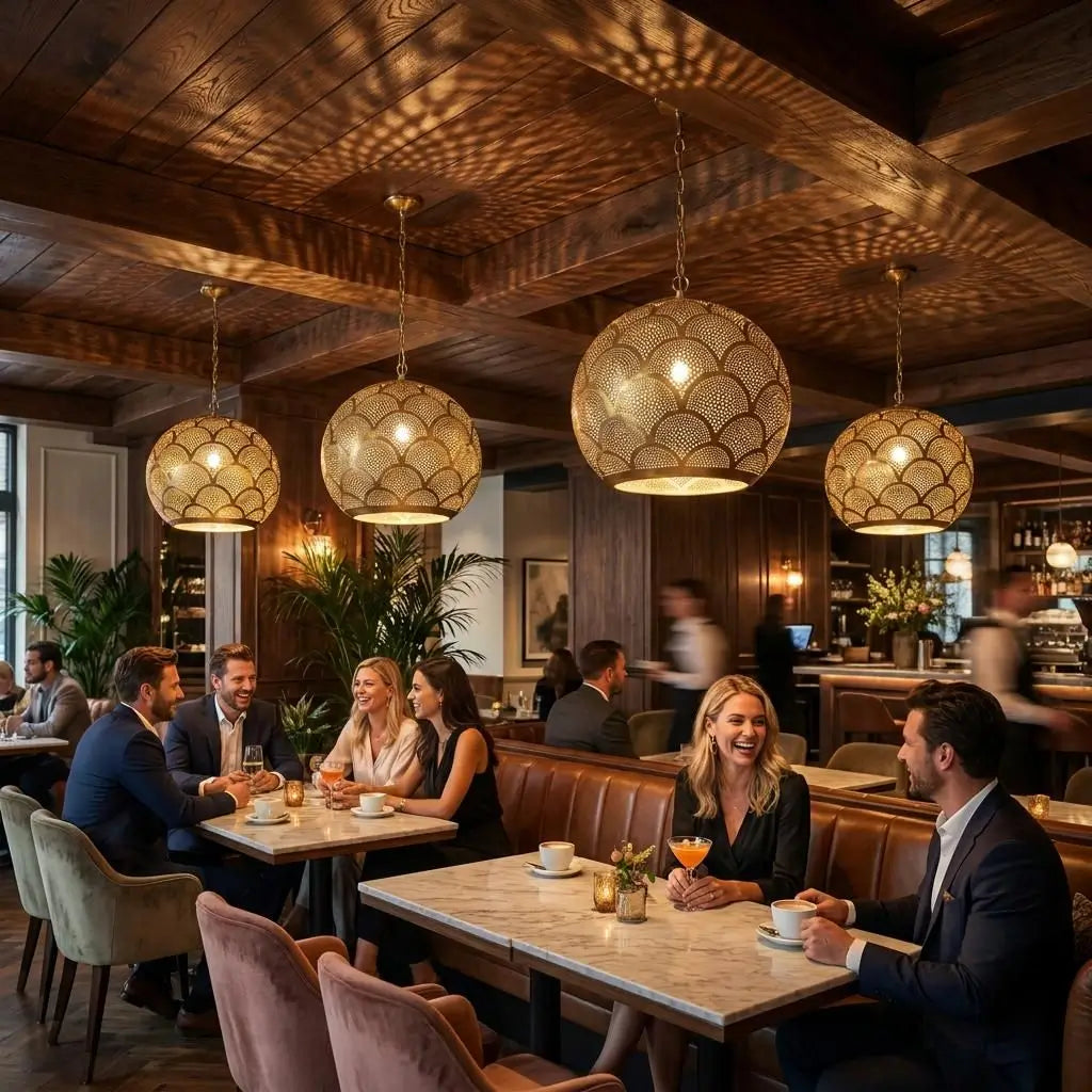 Four artisan handmade brass pendant lights throwing geometric shadows on a dark wood ceiling above restaurant dining tables