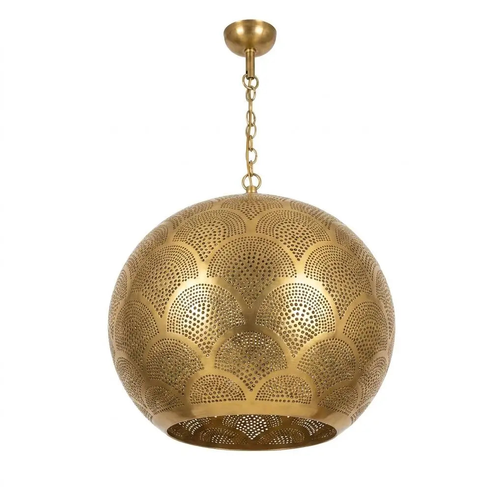 Handmade brass pendant light with fish scale perforated patterns isolated on a white background
