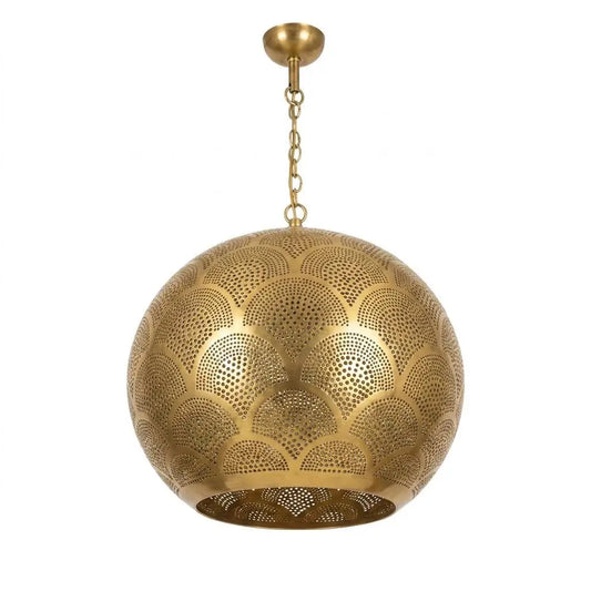 Handmade brass pendant light with fish scale perforated patterns isolated on a white background