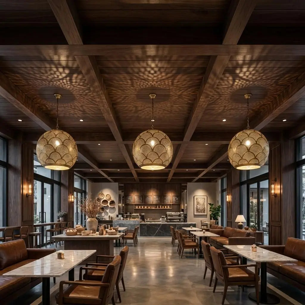 Three handmade brass pendant lights projecting intricate patterned shadows onto a modern wooden coffered ceiling in a luxury café