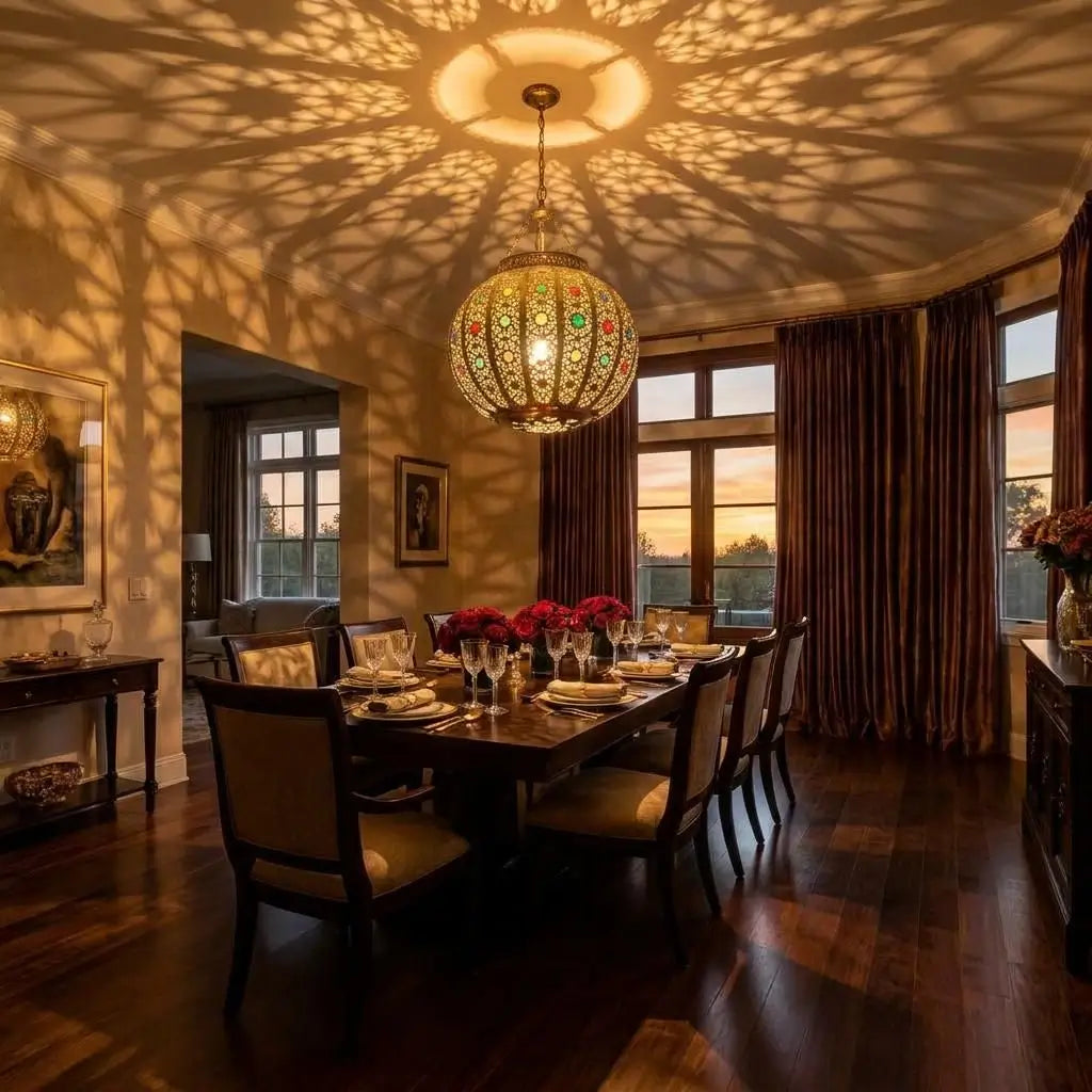 Moroccan style brass circular pendant light with colorful glass illuminating a luxury dining room, filling walls and ceiling with warm geometric shadows.