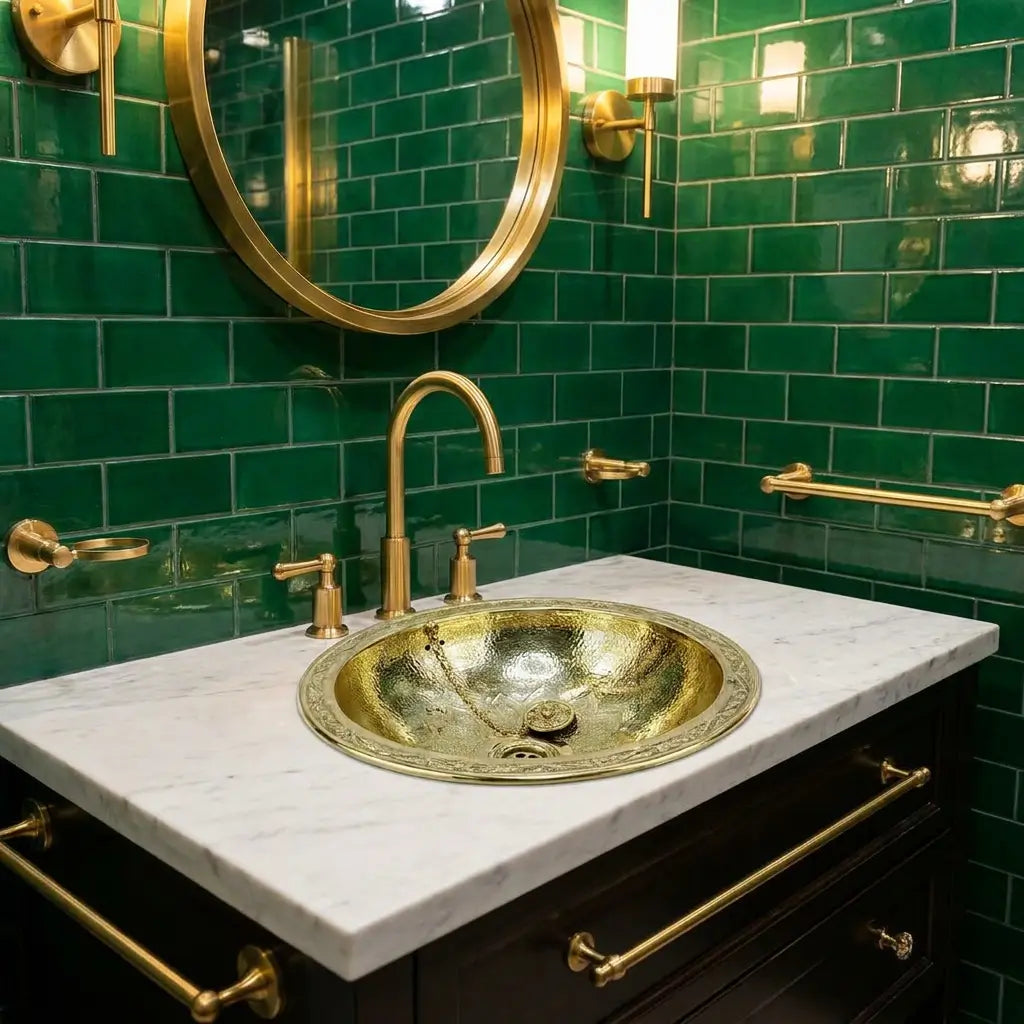 Hand-hammered round brass vessel sink installed on a white countertop against a green tiled bathroom wall with a matching gold gooseneck faucet.