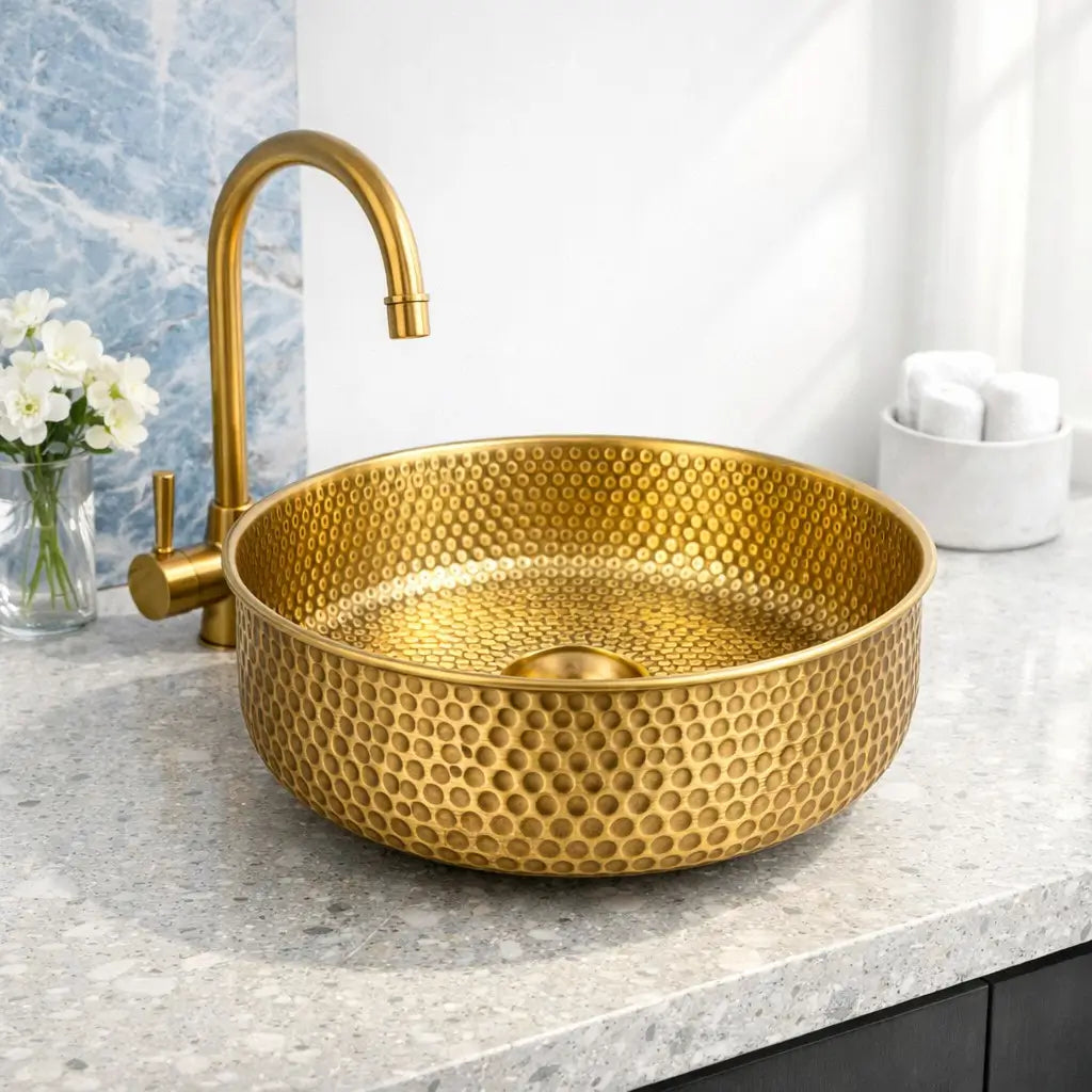 Bright marble vanity decor with Handmade Brass Round Sink