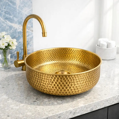 Bright marble vanity decor with Handmade Brass Round Sink