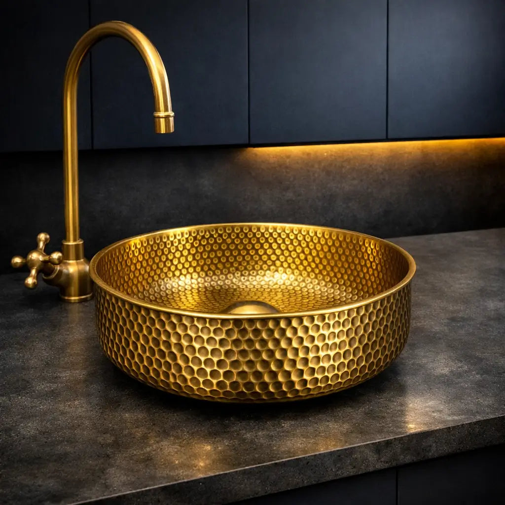Handmade Brass Round Sink installed on countertop