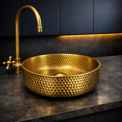 Handmade Brass Round Sink installed on countertop
