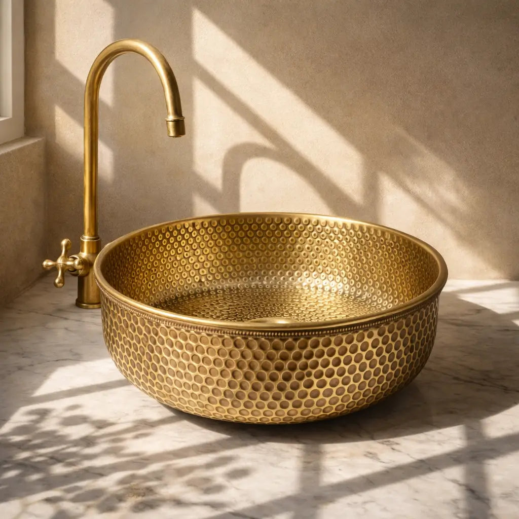 Handmade Brass Round Sink with faucet on the left side