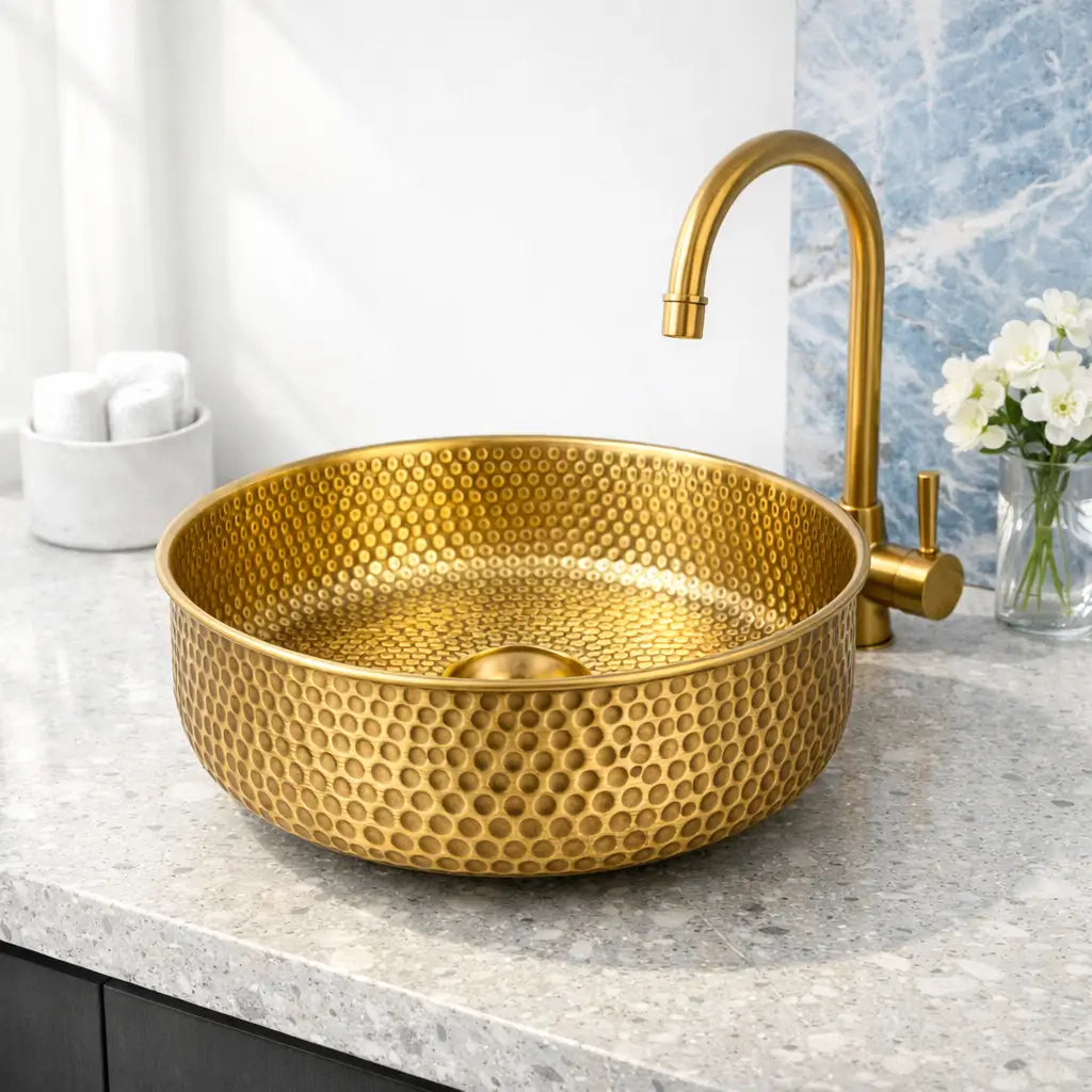 Luxury marble vanity setup with Handmade Brass Round Sink
