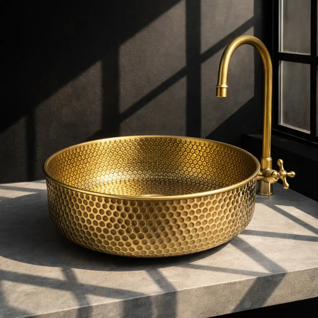 Modern industrial bathroom decor featuring a brass round sink