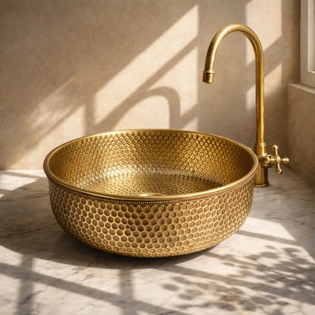 Natural sunlight reflecting on brass round sink and marble countertop