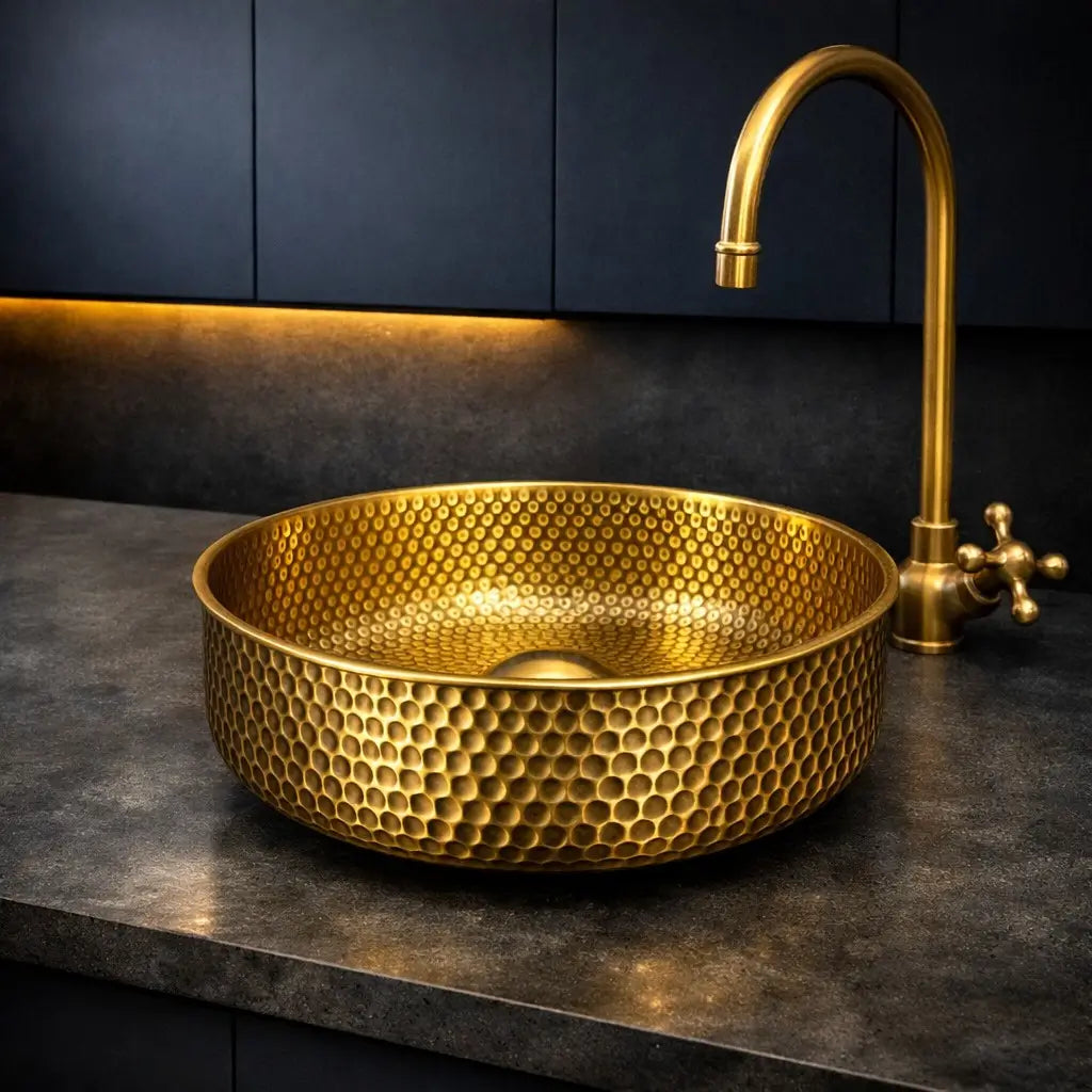 Modern dark kitchen setup with Handmade Brass Round Sink