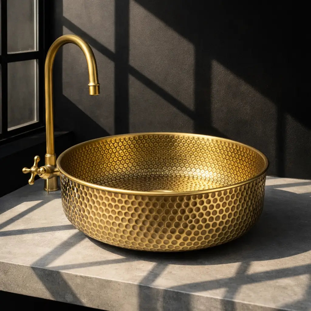 Side view of Handmade Brass Round Sink with shadow lighting
