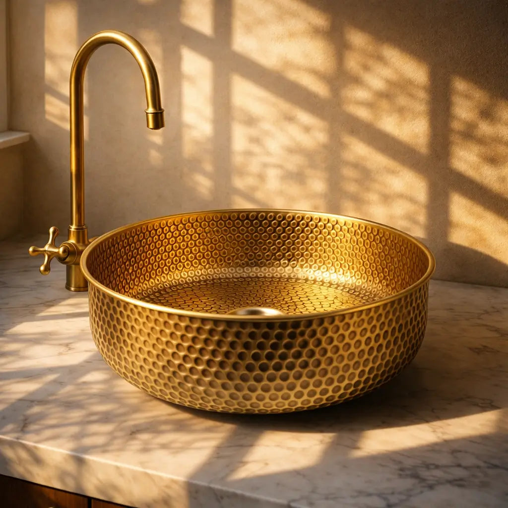 Handmade Brass Round Sink under warm sunset lighting
