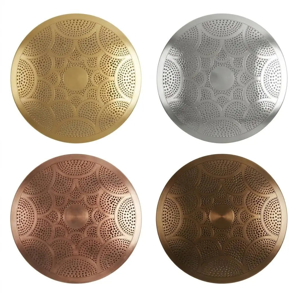 Four color finishes of the handmade minimalist brass wall sconce, displaying gold brass, silver chrome, copper rose gold, and dark bronze options with perforated patterns.