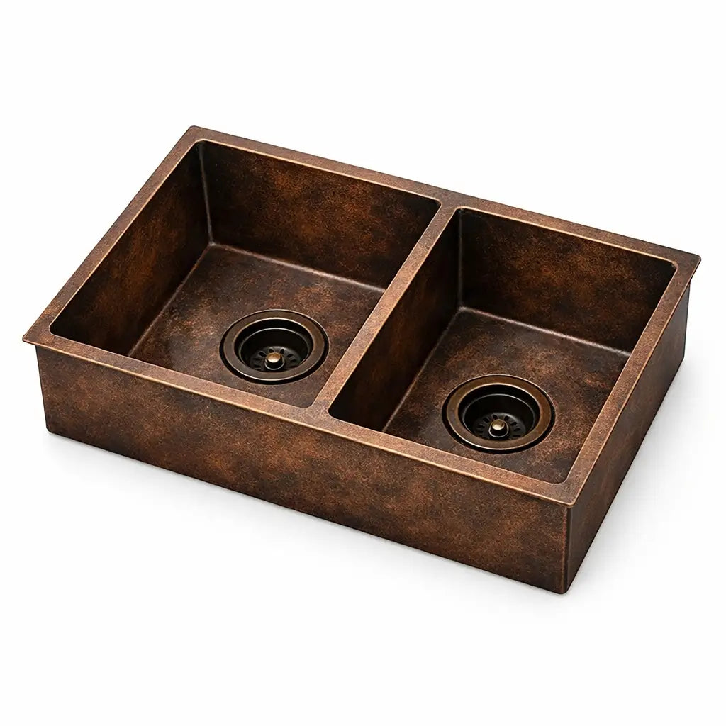 Handmade double bowl copper kitchen sink basin isolated on plain background product view