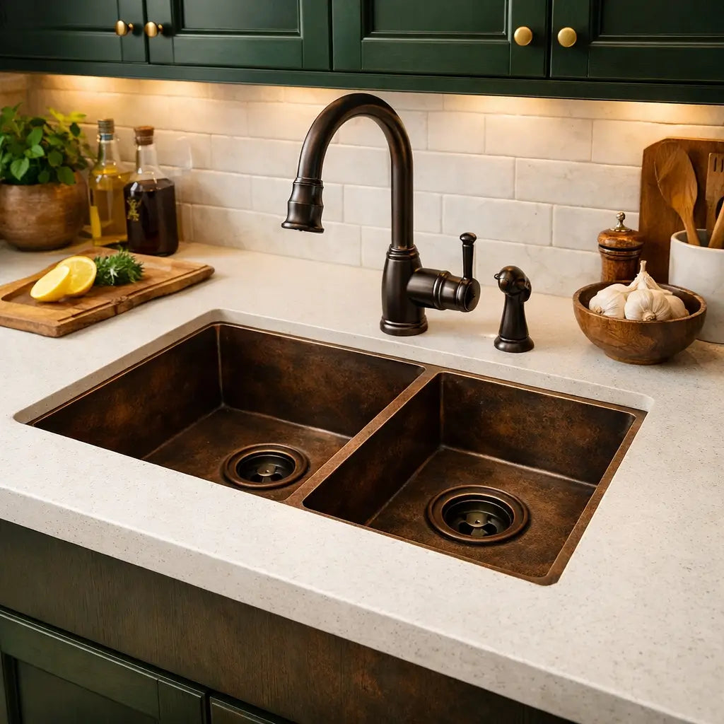 Handmade double vessel copper kitchen sink basin embedded in white countertop with oil rubbed bronze faucet