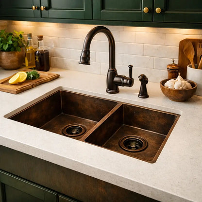 Handmade double vessel copper kitchen sink basin embedded in white countertop with oil rubbed bronze faucet