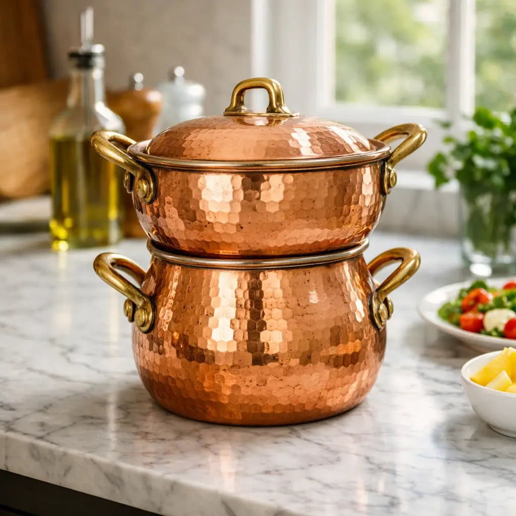 Handmade hammered Moroccan copper couscous steamer pot with brass handles on a white marble kitchen island, with salad and olive oil bottle in a bright background.
