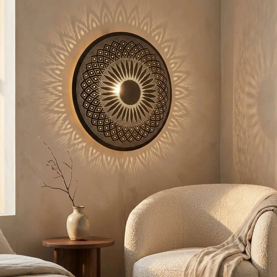 Handmade Moroccan brass wall sconce casting symmetric geometric light patterns on a wall next to a modern white armchair.