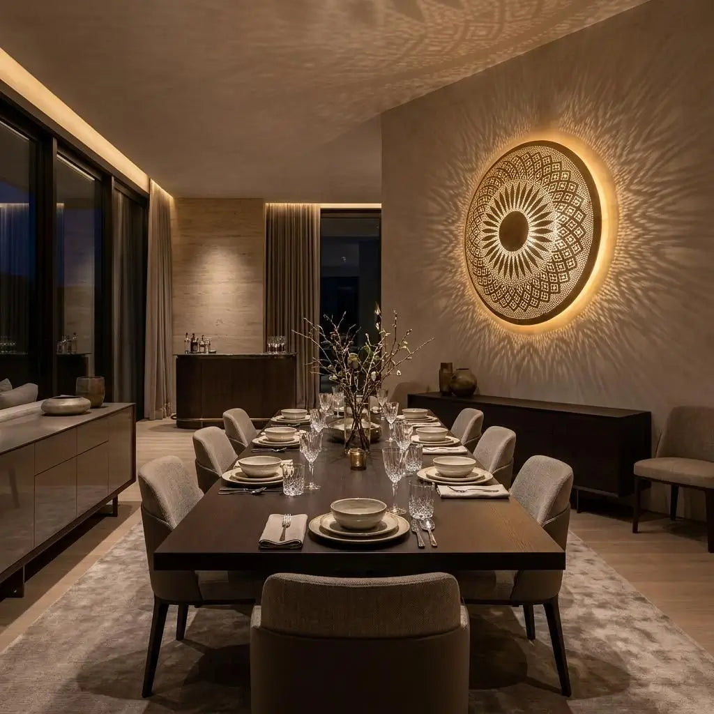 Handmade Moroccan brass wall sconce illuminating a luxury dining room with a long wooden table and chairs.