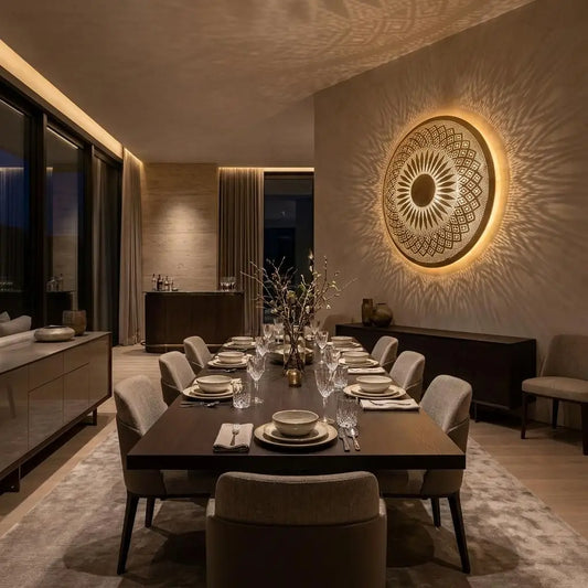 Handmade Moroccan brass wall sconce illuminating a luxury dining room with a long wooden table and chairs.