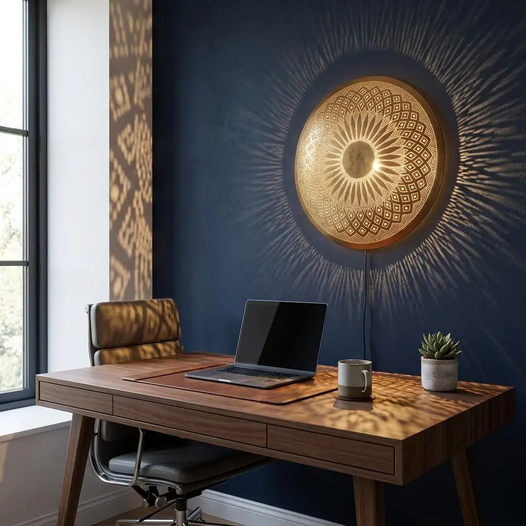 Handmade Moroccan brass wall sconce casting warm radial shadows on a deep blue wall above a wooden home office desk.