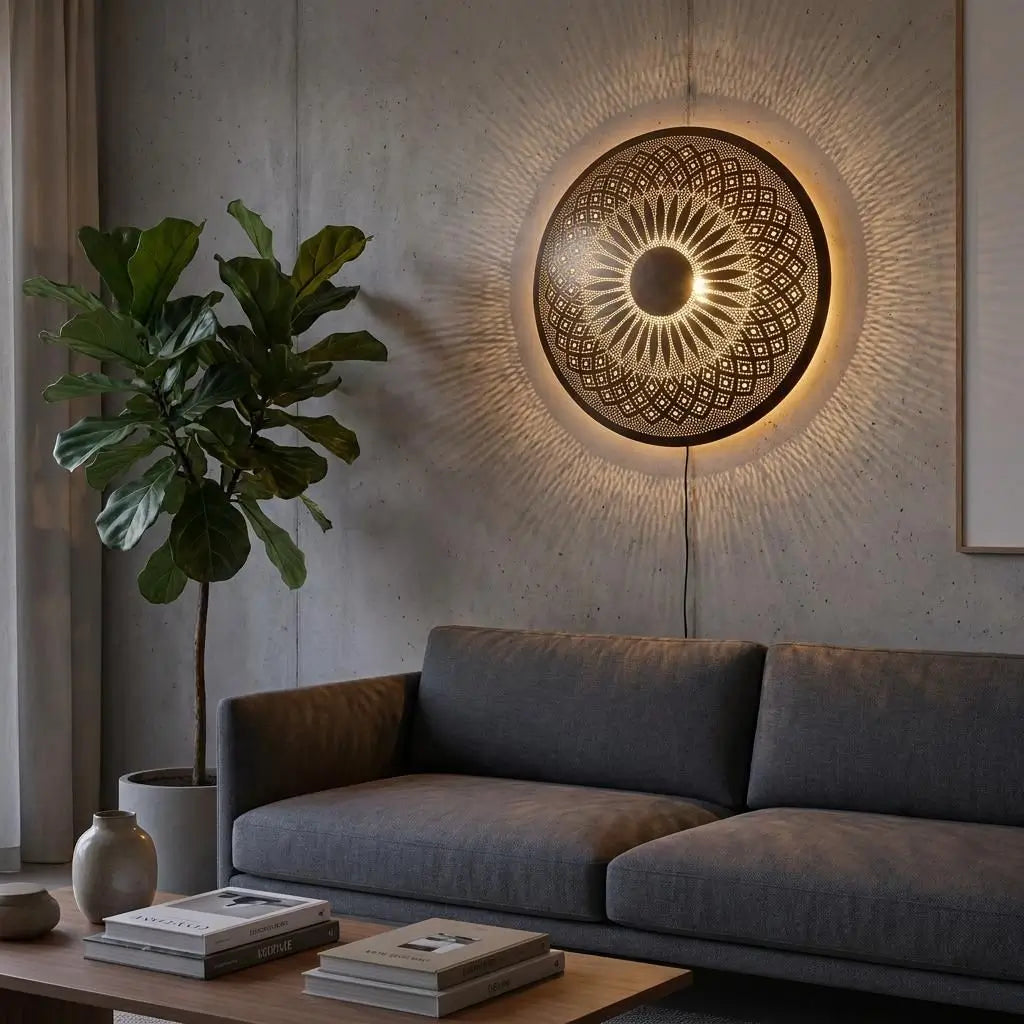 Handmade Moroccan brass wall sconce mounted on a modern living room wall above a grey sofa near a fiddle-leaf fig plant.