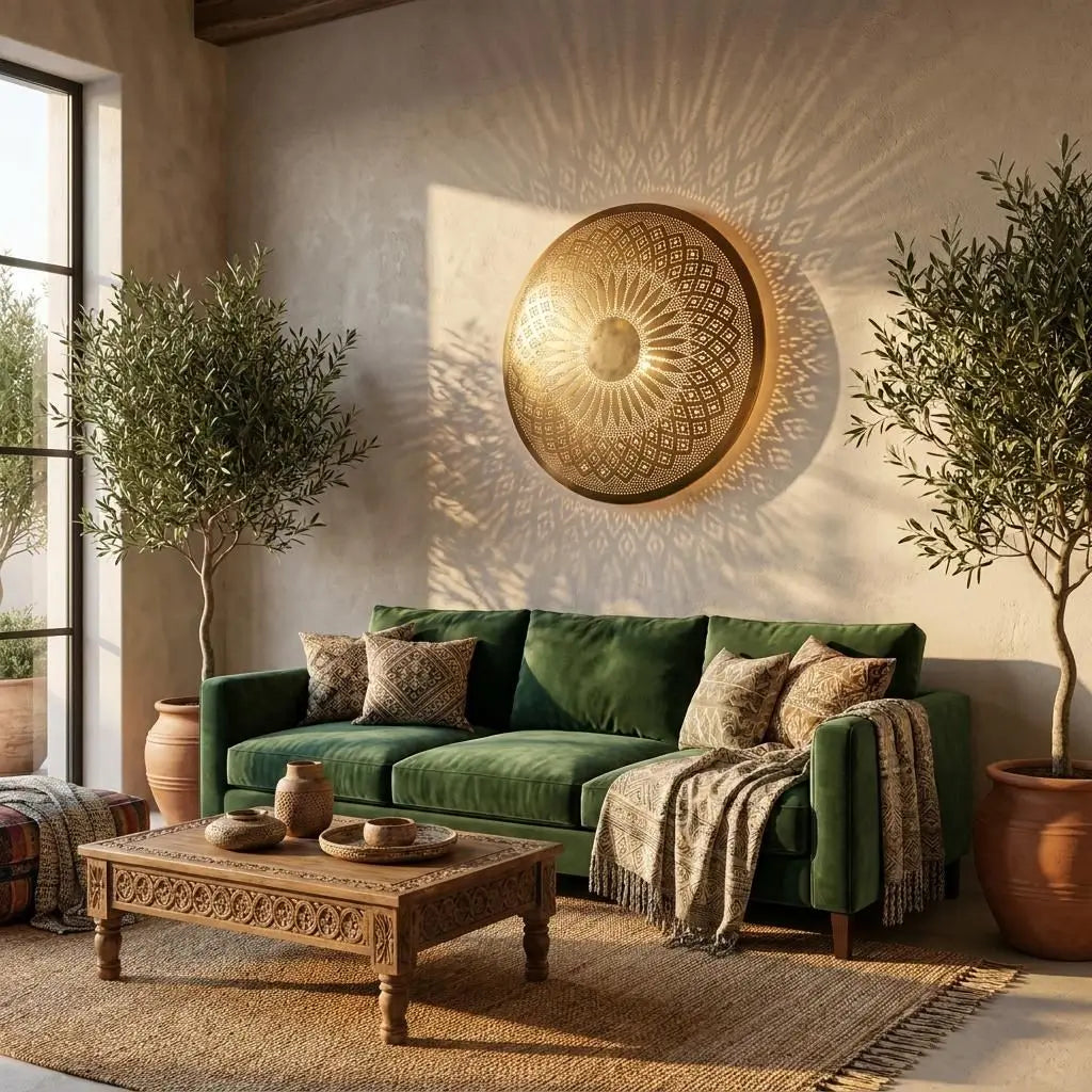 Handmade Moroccan brass wall sconce lighting fixture mounted above a green sofa in a living room styled with olive trees.