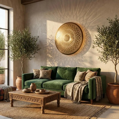 Handmade Moroccan brass wall sconce lighting fixture mounted above a green sofa in a living room styled with olive trees.