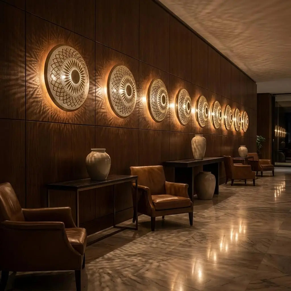 A row of handmade Moroccan brass wall sconces illuminating a luxury hotel lobby corridor with leather armchairs