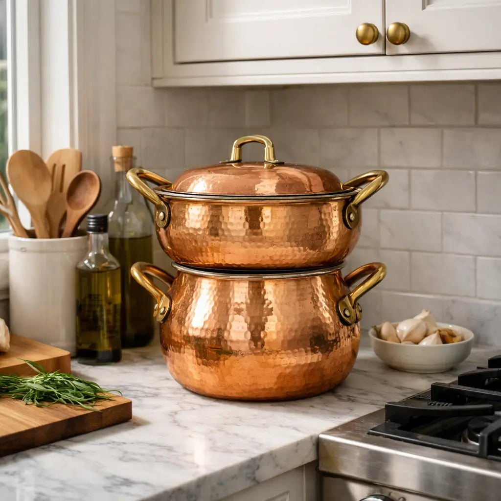Handmade Moroccan copper couscous steamer pot sitting on a bright corner countertop next to a gas stove, featuring wooden utensils, oil bottles, and white tiled backsplash.