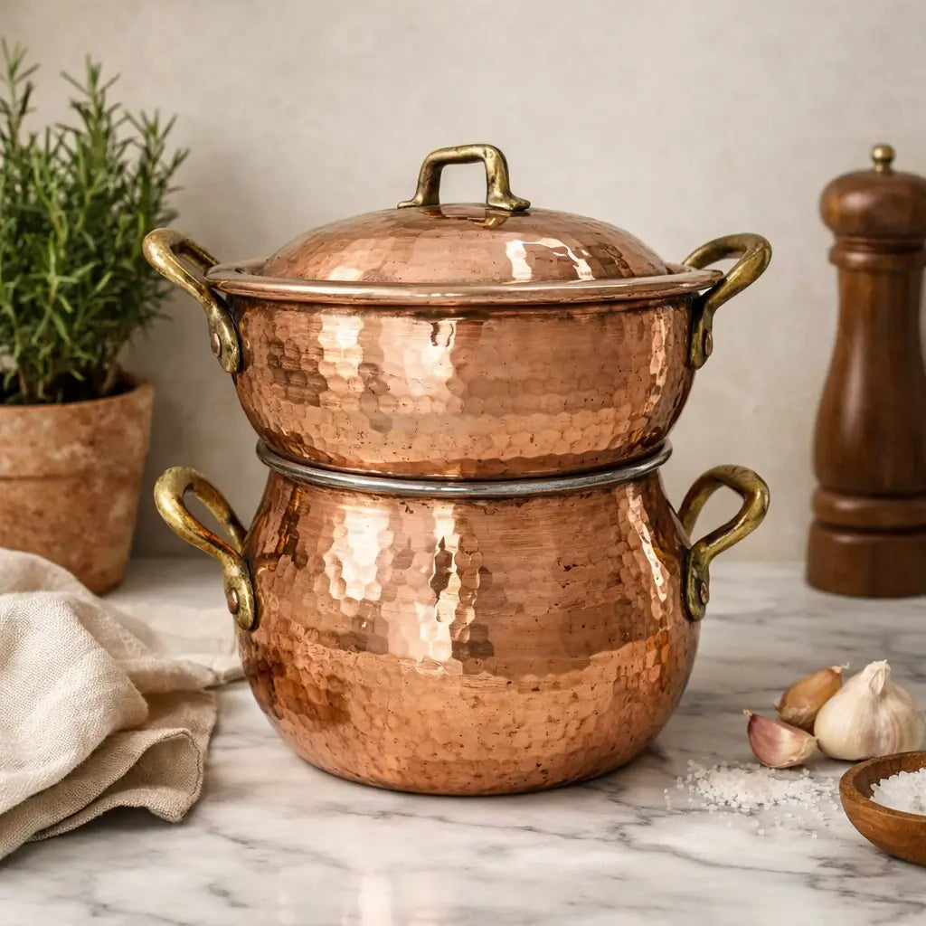 Hammered Moroccan copper couscoussier steamer pot with brass handles against a bright background.