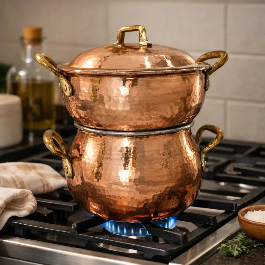 Handmade Moroccan copper couscoussier steamer pot heating on a gas stove burner, showing traditional copper cookware in a modern kitchen setting.