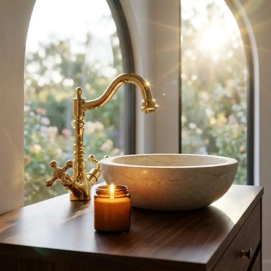 Handmade solid brass bathroom faucet with a vintage-style double handle mixer next to a stone sink basin and candle.