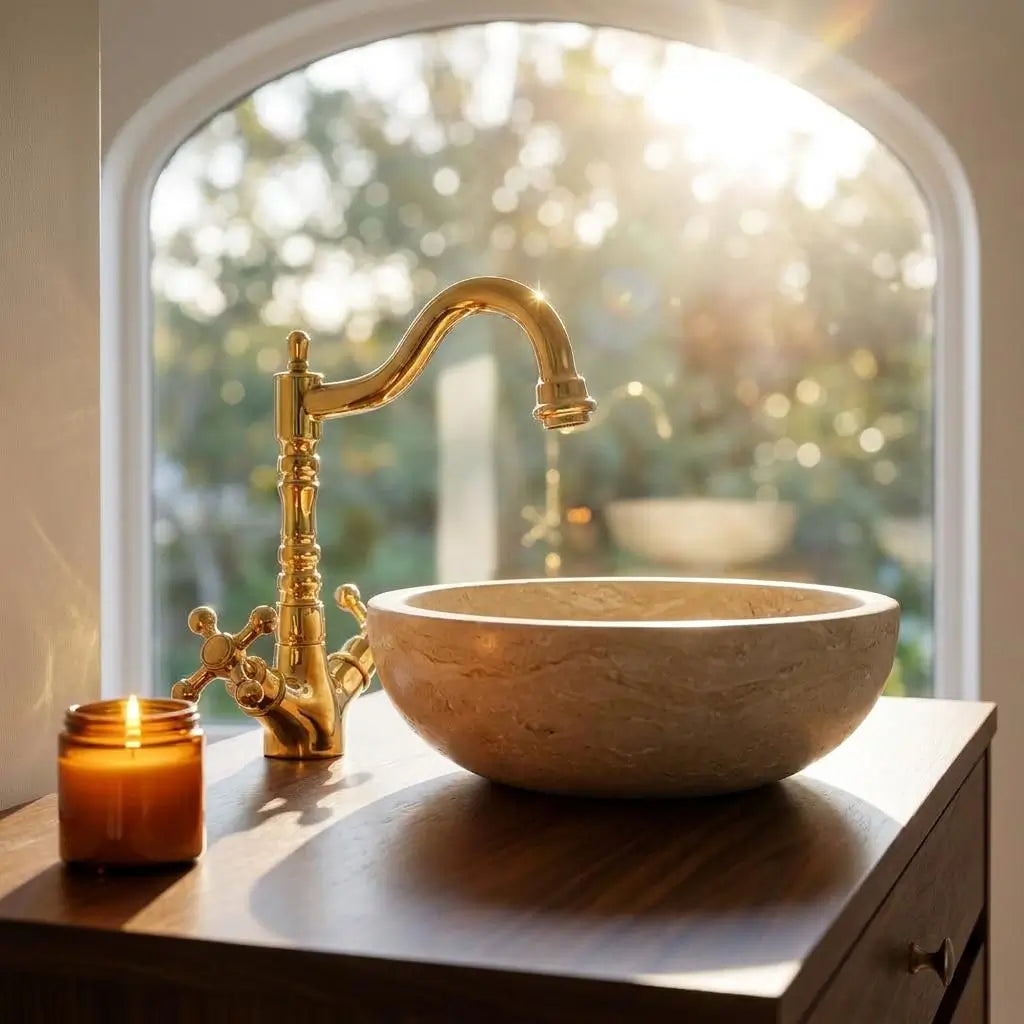 Handmade solid brass tap paired with a round beige stone sink on a wooden vanity by a bright arched window.
