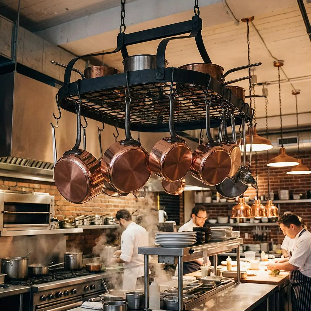 Premium Moroccan copper pots and pans hanging from a large overhead ceiling rack in a busy professional restaurant kitchen with active chefs preparing food.