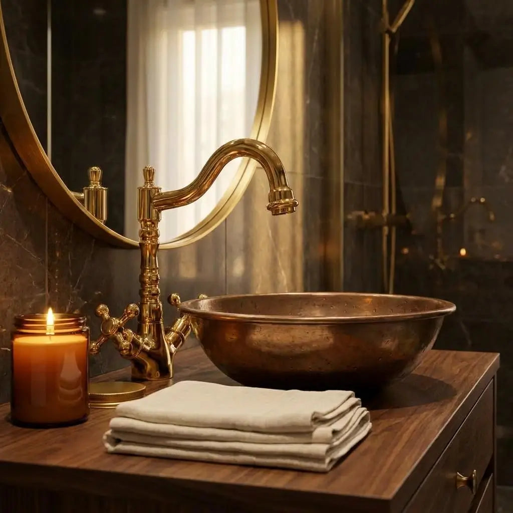Angled view of a vintage brass mixer and copper sink next to a lit candle and neatly folded white towels.
