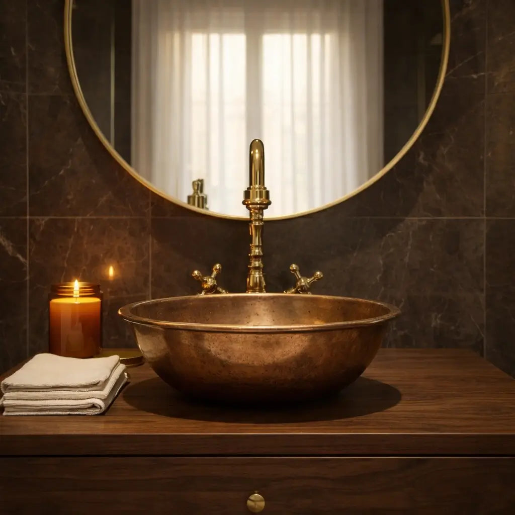 Front view of a vintage double handle brass mixer with a brass washbasin and a large round mirror reflecting a window.