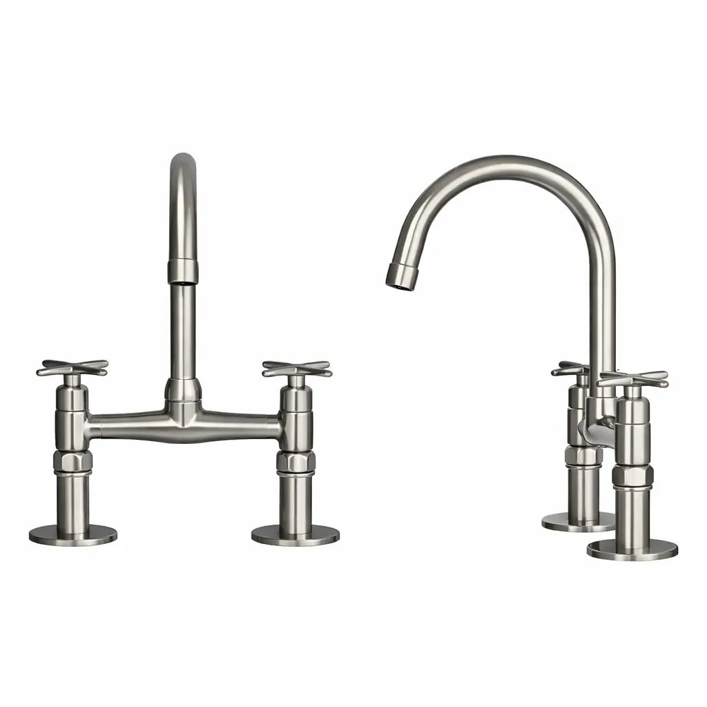 Technical product specification drawing showing the front and side views of the warm brushed nickel Heritage bridge kitchen faucet with exact dimensions.