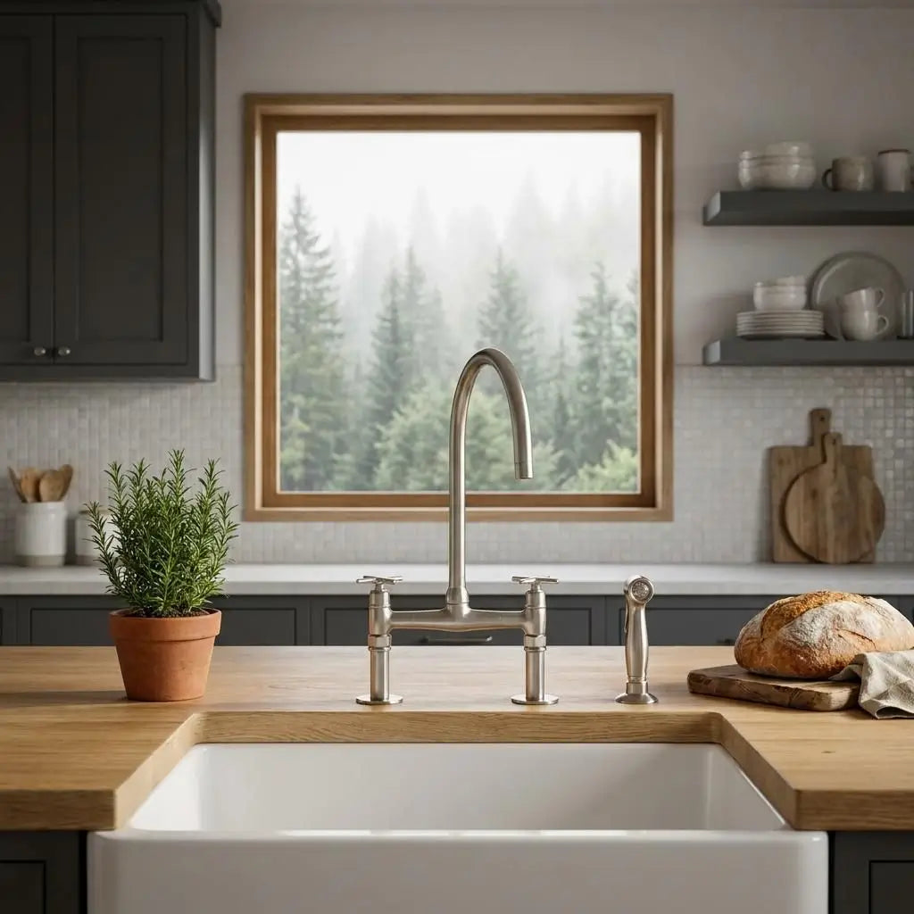 Warm brushed nickel Heritage bridge faucet installed on a wooden kitchen island counter with a deep white apron front farmhouse sink facing a foggy forest window view.